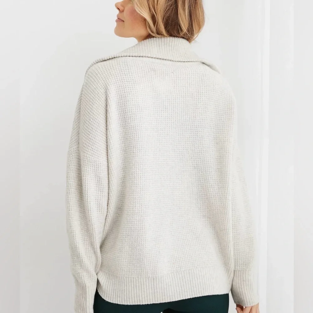 AERIE CozyUp Waffle Quarter Zip Sweater Gray Heather L